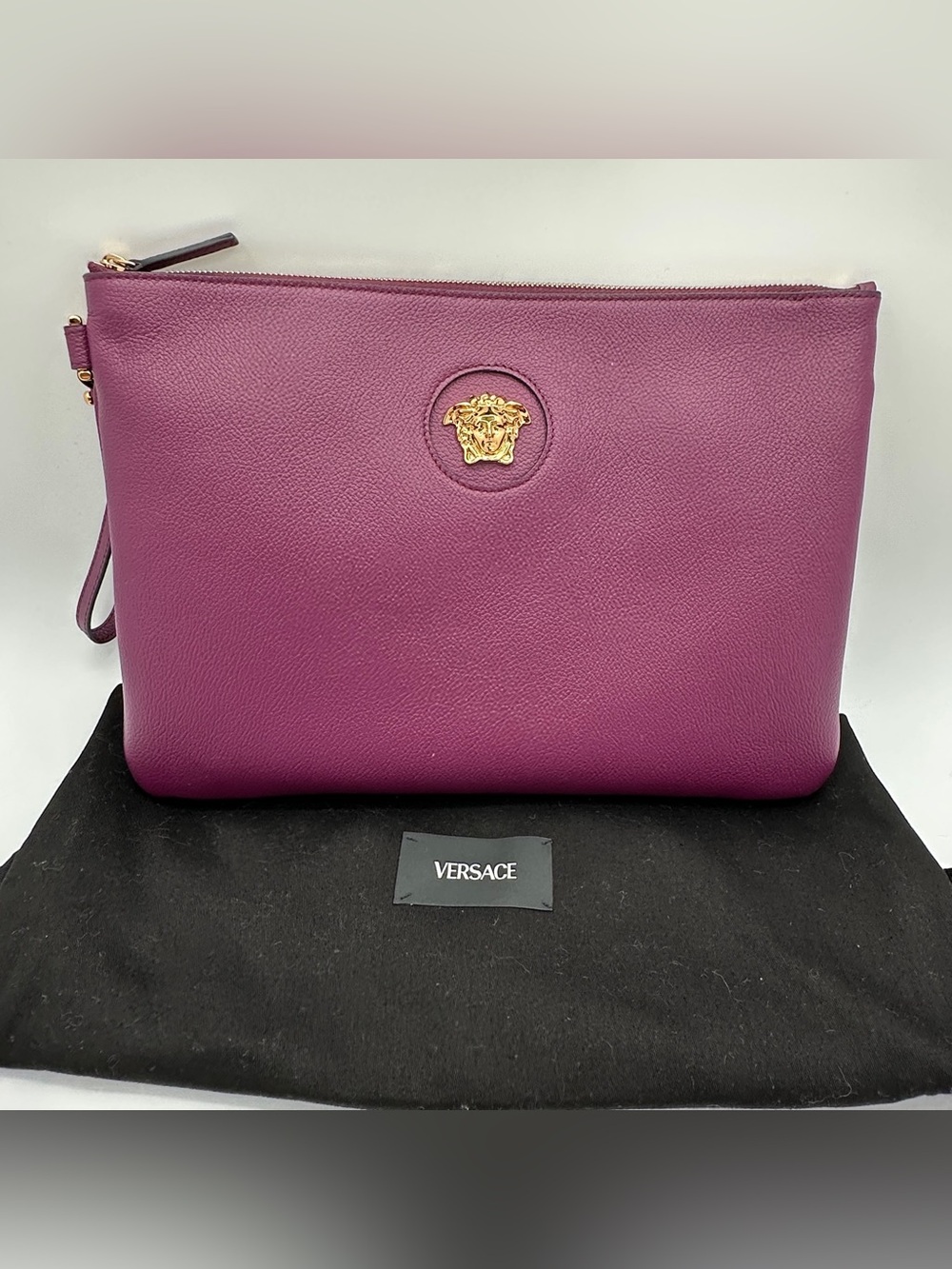 Versace La Medusa Grainy Leather Wristlet Pouch Plum Purple Gold Hardware